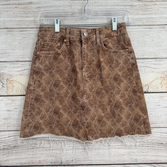 Paige Snakeskin Print Aideen Denim Skirt Womens 26 Brown Snakeskin Print - Picture 1 of 8